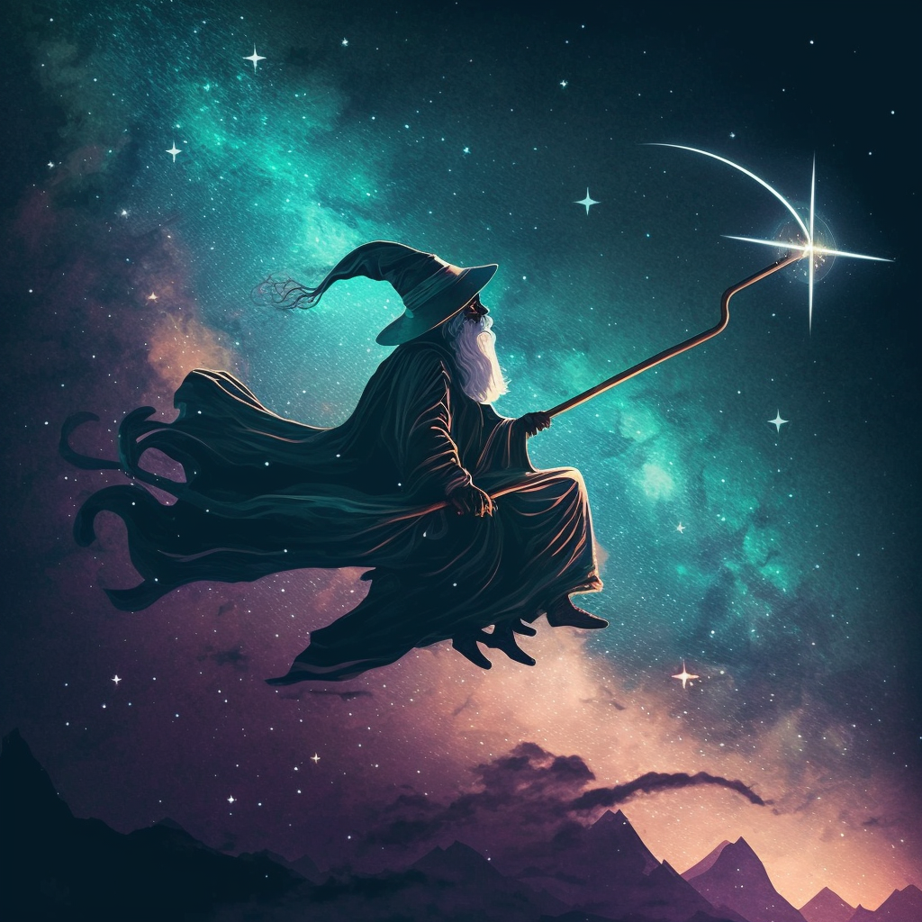 Wizard navigating the night sky on a broomstick