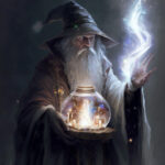 Elderly wizard in a thick robe and heavy wizard hat practicing magic