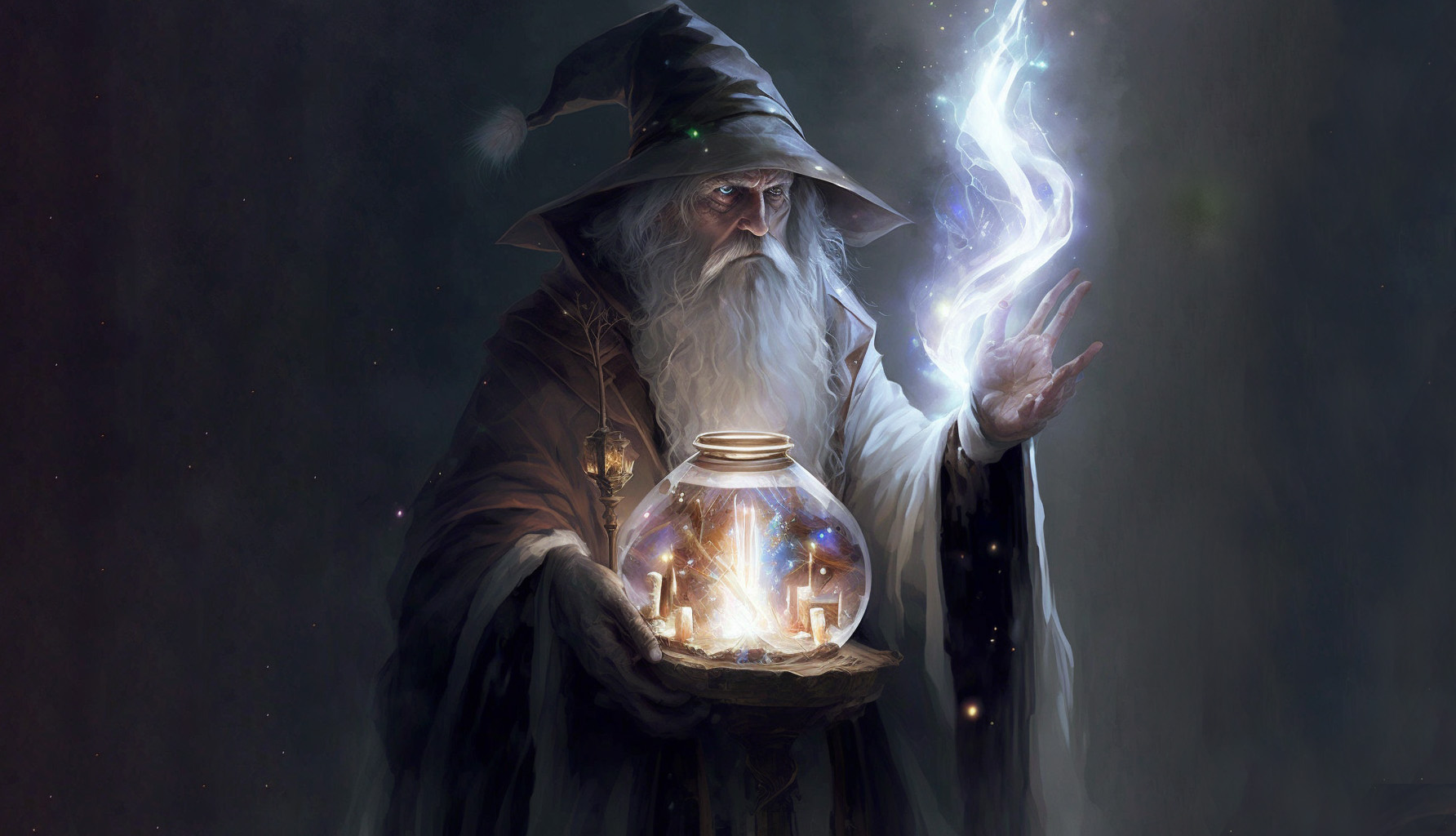 Elderly wizard in a thick robe and heavy wizard hat practicing magic