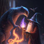 Small wizard summoning a large harry creature with a beak