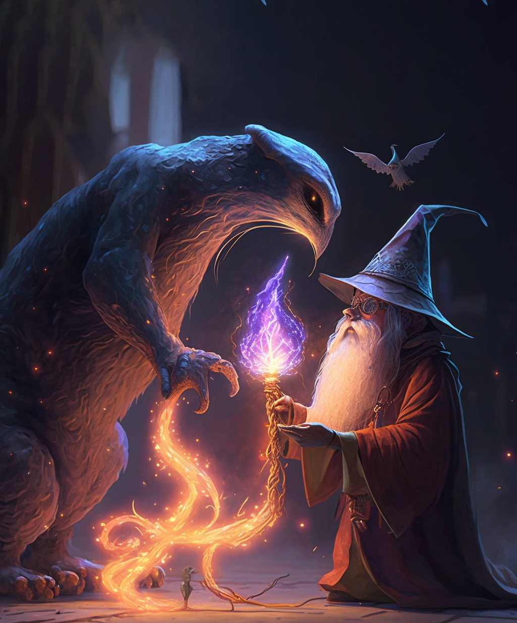 Small wizard summoning a large harry creature with a beak