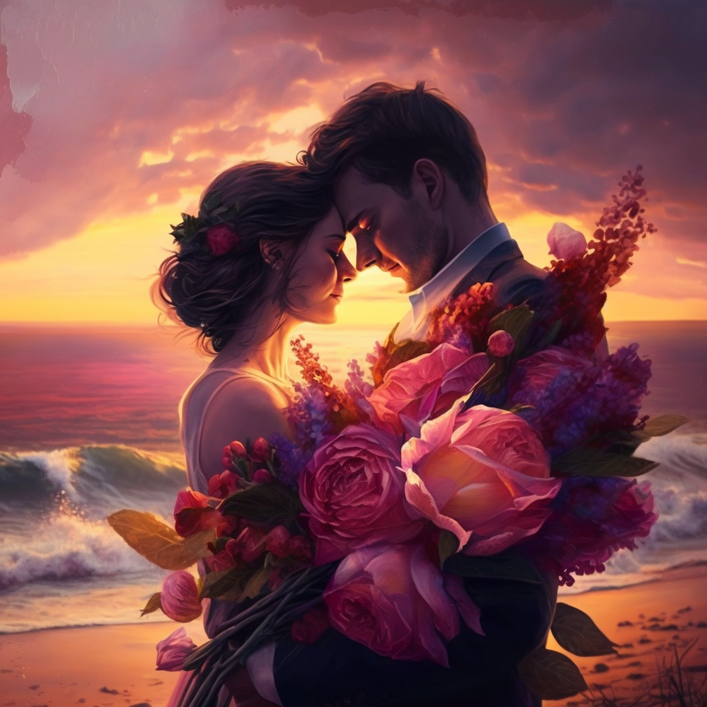 Two young lovers on a beach with flowers surrounding them